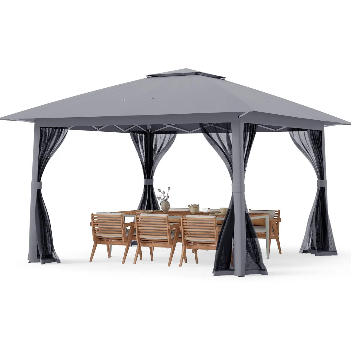 4 x 4 m Pop Up Faltpavillon mit 4 Moskitonetz & Doppeldach Gartenpavillon inkl. Tragetasche Grau