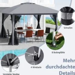 4 x 4 m Pop Up Faltpavillon mit 4 Moskitonetz & Doppeldach Gartenpavillon inkl. Tragetasche Grau