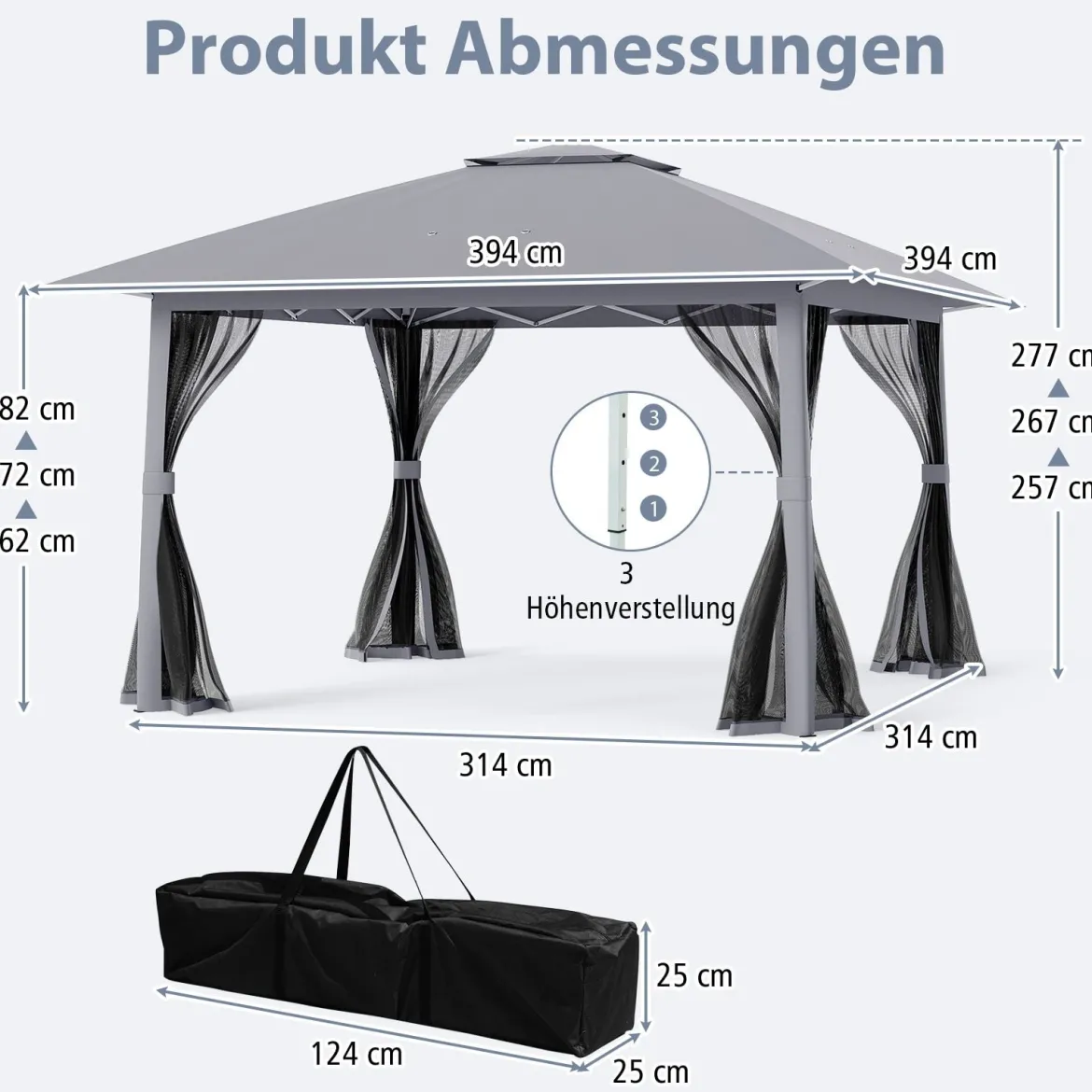 4 x 4 m Pop Up Faltpavillon mit 4 Moskitonetz & Doppeldach Gartenpavillon inkl. Tragetasche Grau
