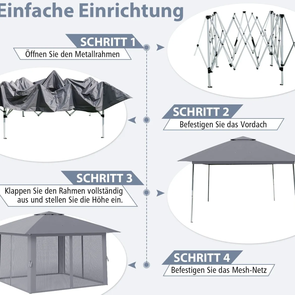 4 x 4 m Pop Up Faltpavillon mit 4 Moskitonetz & Doppeldach Gartenpavillon inkl. Tragetasche Grau