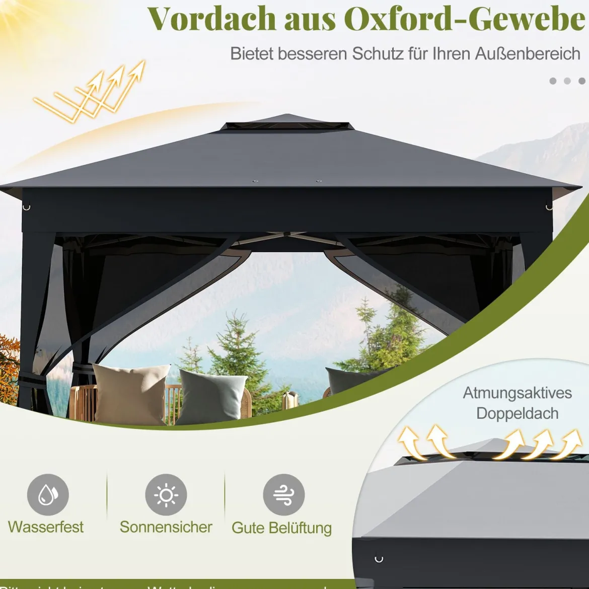 3,4 x 3,4 m Pop Up Faltpavillon mit 4 Moskitonetz & Doppeldach Gartenpavillon inkl. Tragetasche Grau