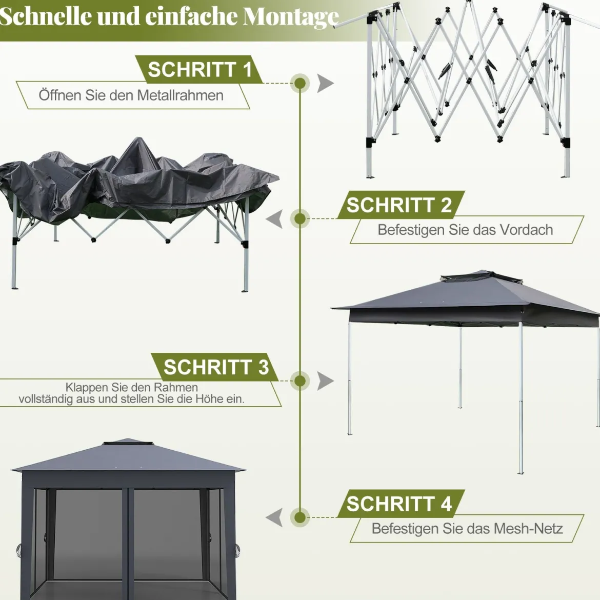 3,4 x 3,4 m Pop Up Faltpavillon mit 4 Moskitonetz & Doppeldach Gartenpavillon inkl. Tragetasche Grau