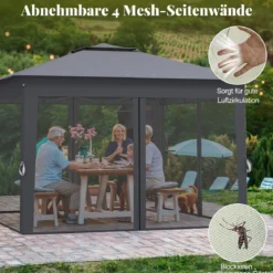 3,4 x 3,4 m Pop Up Faltpavillon mit 4 Moskitonetz & Doppeldach Gartenpavillon inkl. Tragetasche Grau