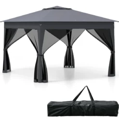 3,4 x 3,4 m Pop Up Faltpavillon mit 4 Moskitonetz & Doppeldach Gartenpavillon inkl. Tragetasche Grau