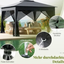 3,4 x 3,4 m Pop Up Faltpavillon mit 4 Moskitonetz & Doppeldach Gartenpavillon inkl. Tragetasche Grau