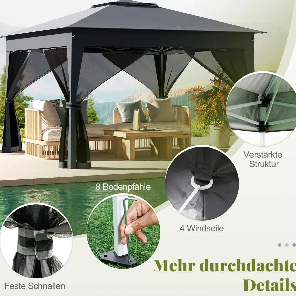 3,4 x 3,4 m Pop Up Faltpavillon mit 4 Moskitonetz & Doppeldach Gartenpavillon inkl. Tragetasche Grau