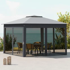 3,4 x 3,4 m Pop Up Faltpavillon mit 4 Moskitonetz & Doppeldach Gartenpavillon inkl. Tragetasche Grau
