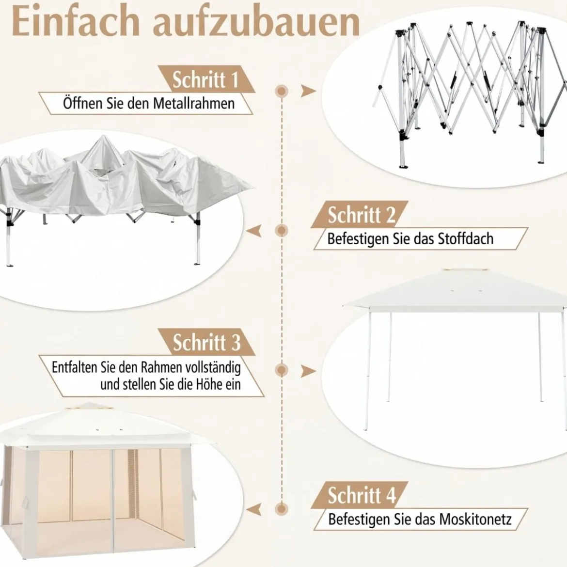 4 x 4 m Pop Up Faltpavillon mit 4 Moskitonetz & Doppeldach Gartenpavillon inkl. Tragetasche Beige