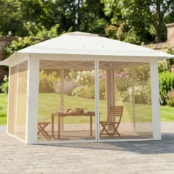 4 x 4 m Pop Up Faltpavillon mit 4 Moskitonetz & Doppeldach Gartenpavillon inkl. Tragetasche Beige