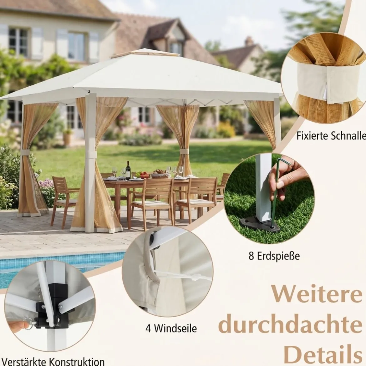 4 x 4 m Pop Up Faltpavillon mit 4 Moskitonetz & Doppeldach Gartenpavillon inkl. Tragetasche Beige