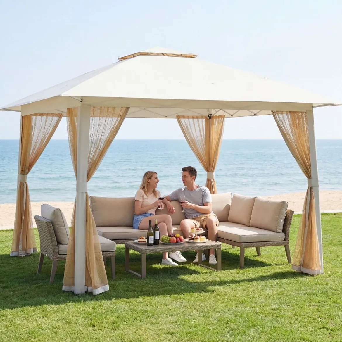 4 x 4 m Pop Up Faltpavillon mit 4 Moskitonetz & Doppeldach Gartenpavillon inkl. Tragetasche Beige