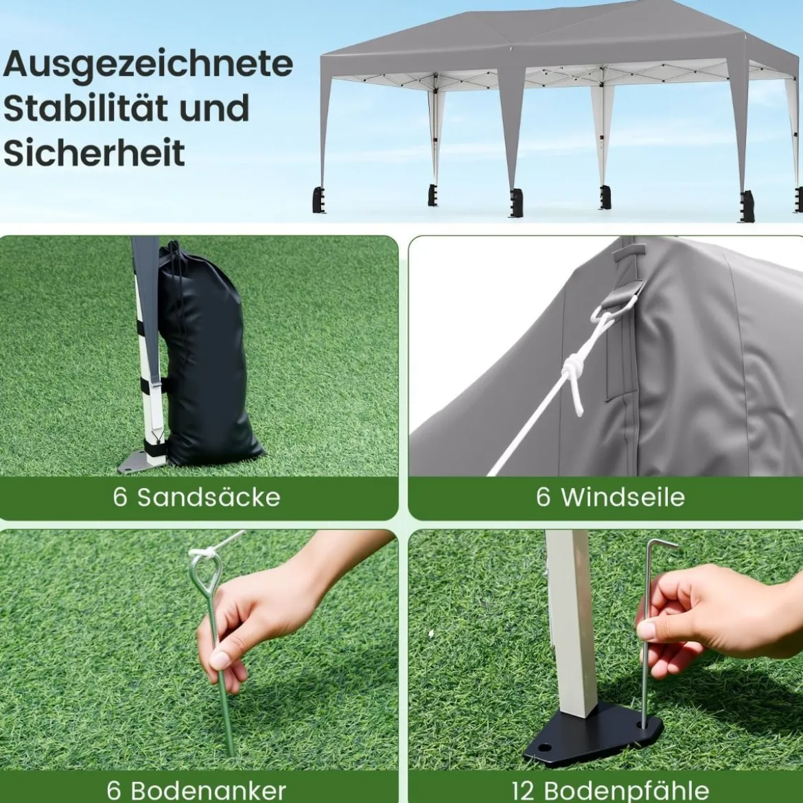 3 x 6 m Pop up Faltpavillon mit Tragetasche auf Rollen & UV Schutz 50+ Partyzelt Grau
