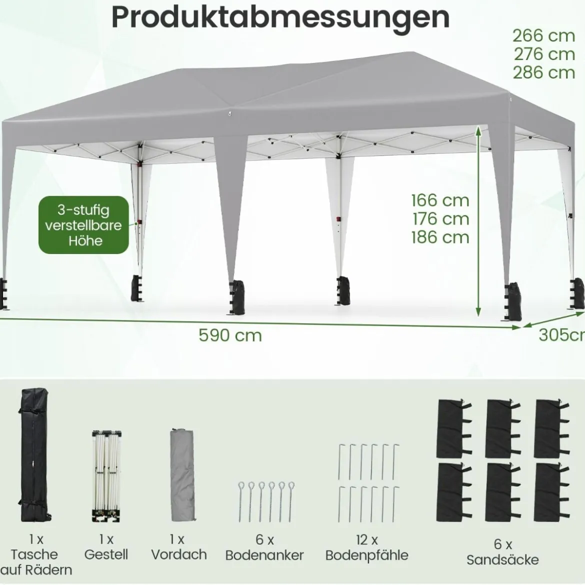 3 x 6 m Pop up Faltpavillon mit Tragetasche auf Rollen & UV Schutz 50+ Partyzelt Grau