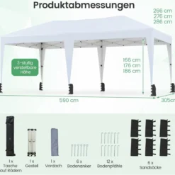 3 x 6 m Pop up Faltpavillon mit Tragetasche auf Rollen & UV Schutz 50+ Partyzelt Weiß