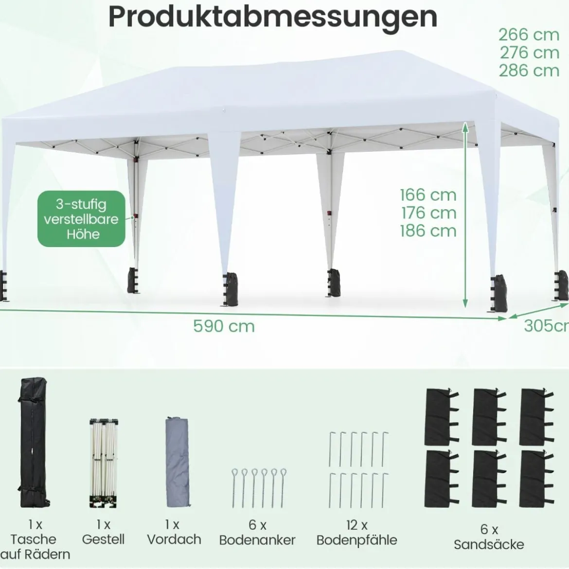 3 x 6 m Pop up Faltpavillon mit Tragetasche auf Rollen & UV Schutz 50+ Partyzelt Weiß