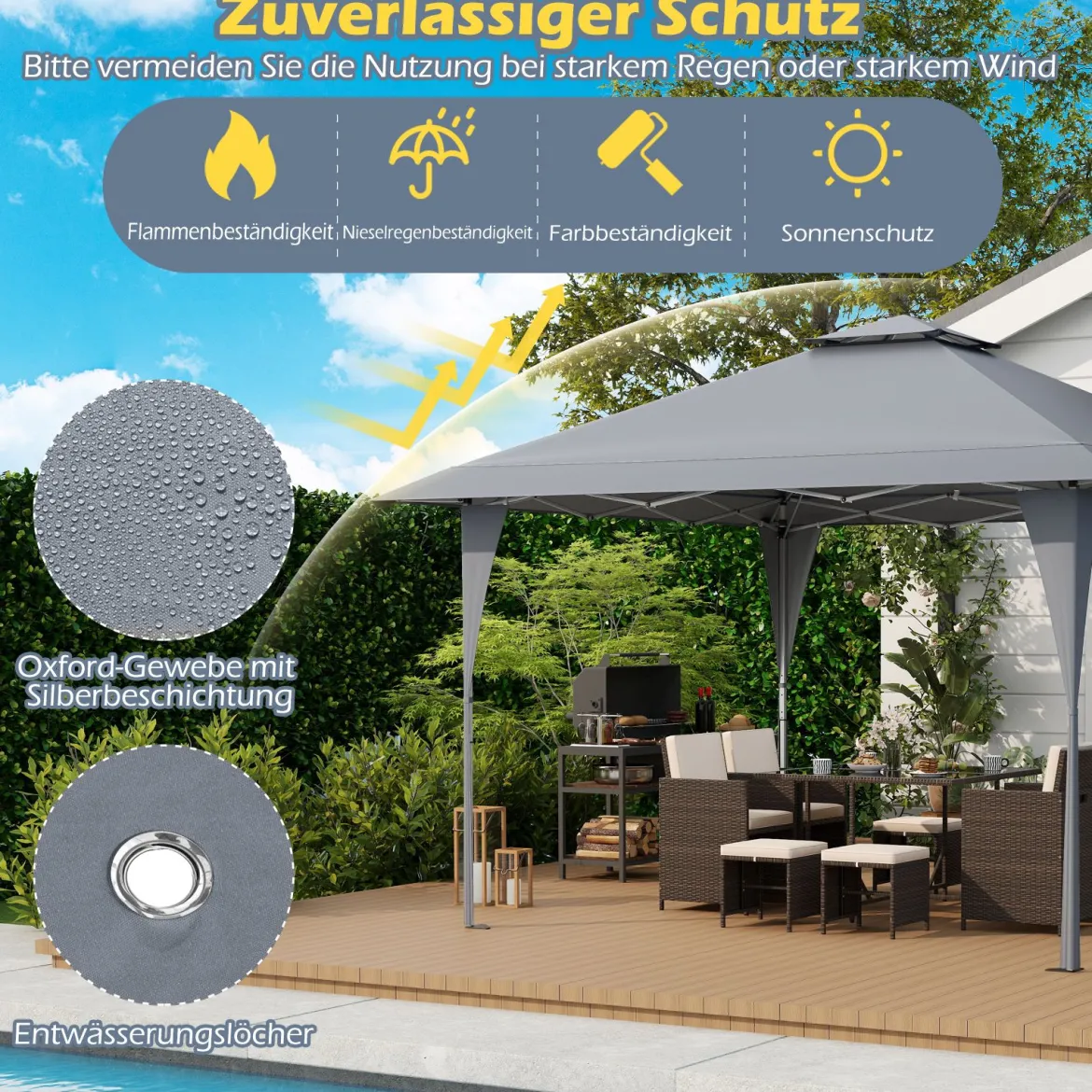 4 x 4 m Pop Up Pavillon Höhenverstellbarer Gartenpavillon mit Doppeldach & Metallrahmen Grau