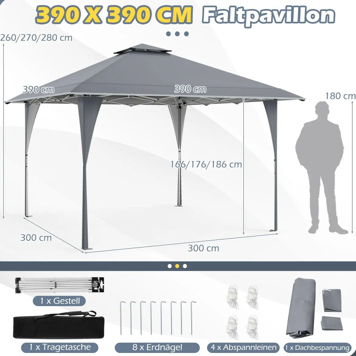 4 x 4 m Pop Up Pavillon Höhenverstellbarer Gartenpavillon mit Doppeldach & Metallrahmen Grau