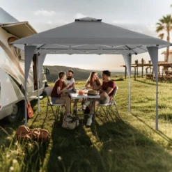 4 x 4 m Pop Up Pavillon Höhenverstellbarer Gartenpavillon mit Doppeldach & Metallrahmen Grau
