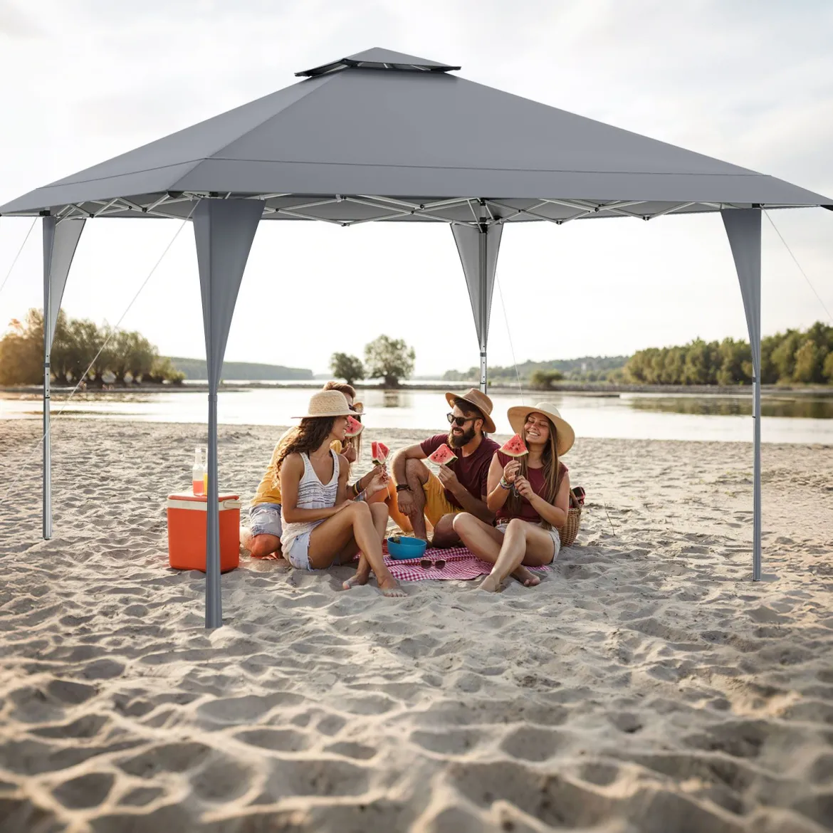 4 x 4 m Pop Up Pavillon Höhenverstellbarer Gartenpavillon mit Doppeldach & Metallrahmen Grau