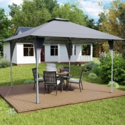 4 x 4 m Pop Up Pavillon Höhenverstellbarer Gartenpavillon mit Doppeldach & Metallrahmen Grau