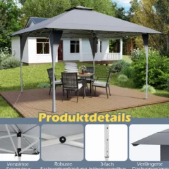 4 x 4 m Pop Up Pavillon Höhenverstellbarer Gartenpavillon mit Doppeldach & Metallrahmen Grau