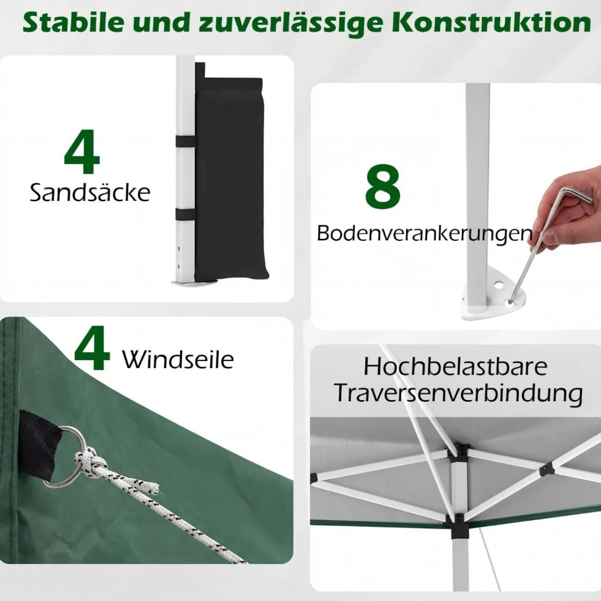 3 x 3 m Pop-Up Pavillon mit 4 Sandsäcken & Heringen & Seilen Faltpavillon Gartenpavillon Grün