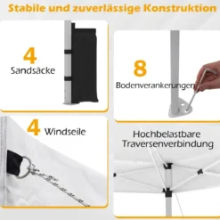 3 x 3 m Pop-Up Pavillon mit 4 Sandsäcken & Heringen & Seilen Faltpavillon Gartenpavillon Weiß