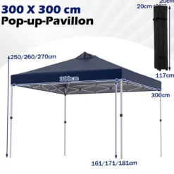 3 x 3 m Pop-Up Pavillon mit 4 Sandsäcken & Heringen & Seilen Faltpavillon Gartenpavillon Blau