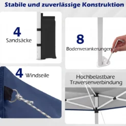 3 x 3 m Pop-Up Pavillon mit 4 Sandsäcken & Heringen & Seilen Faltpavillon Gartenpavillon Blau