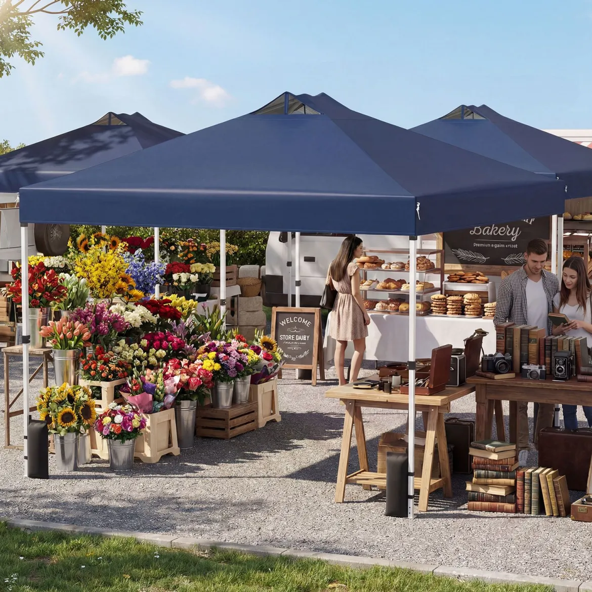 3 x 3 m Pop-Up Pavillon mit 4 Sandsäcken & Heringen & Seilen Faltpavillon Gartenpavillon Blau