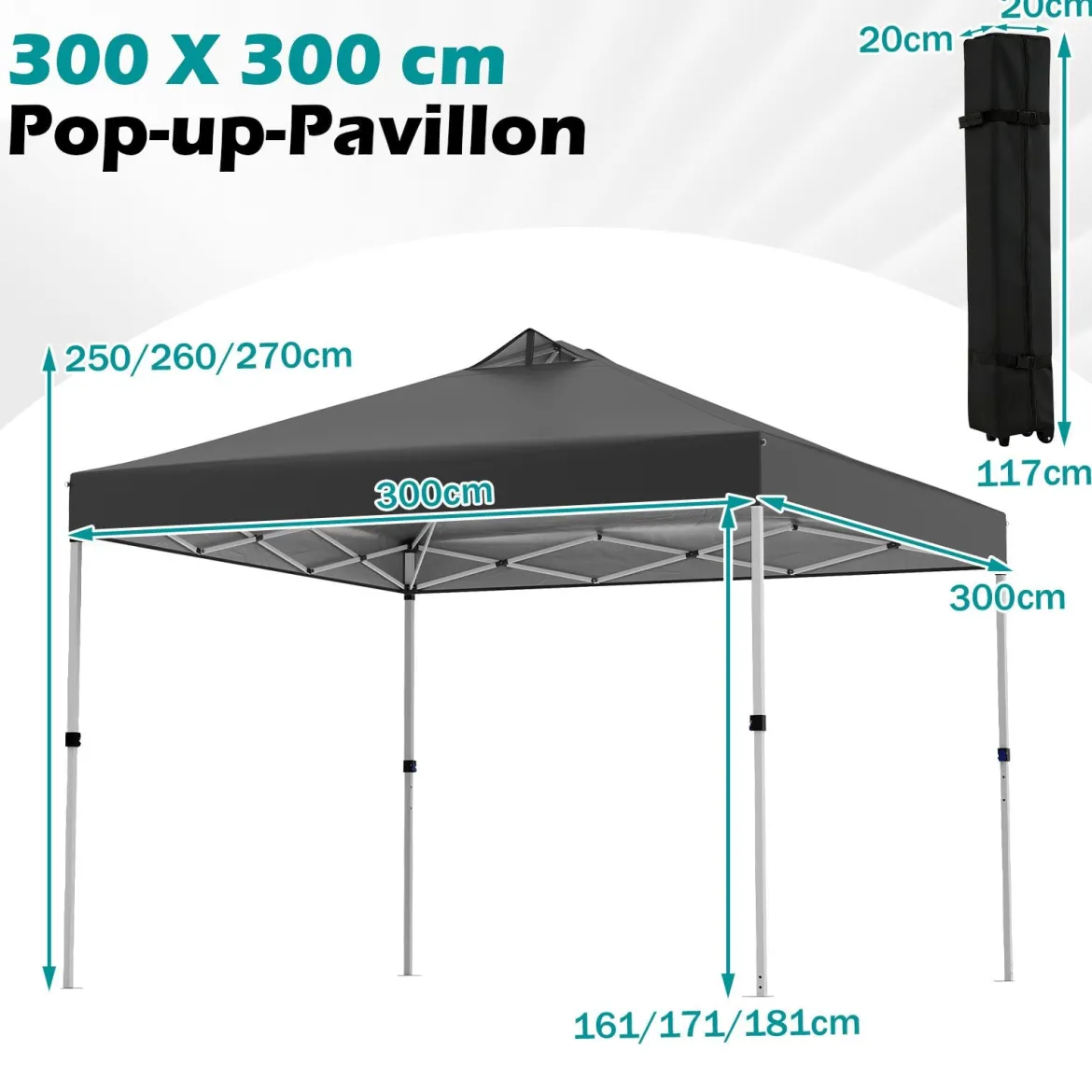 3 x 3 m Pop-Up Pavillon mit 4 Sandsäcken & Heringen & Seilen Faltpavillon Gartenpavillon Schwarz