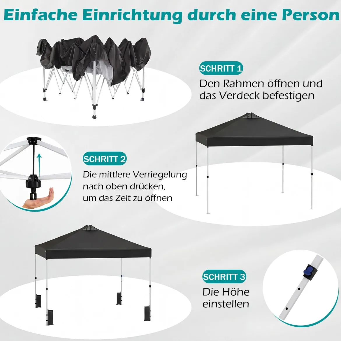3 x 3 m Pop-Up Pavillon mit 4 Sandsäcken & Heringen & Seilen Faltpavillon Gartenpavillon Schwarz