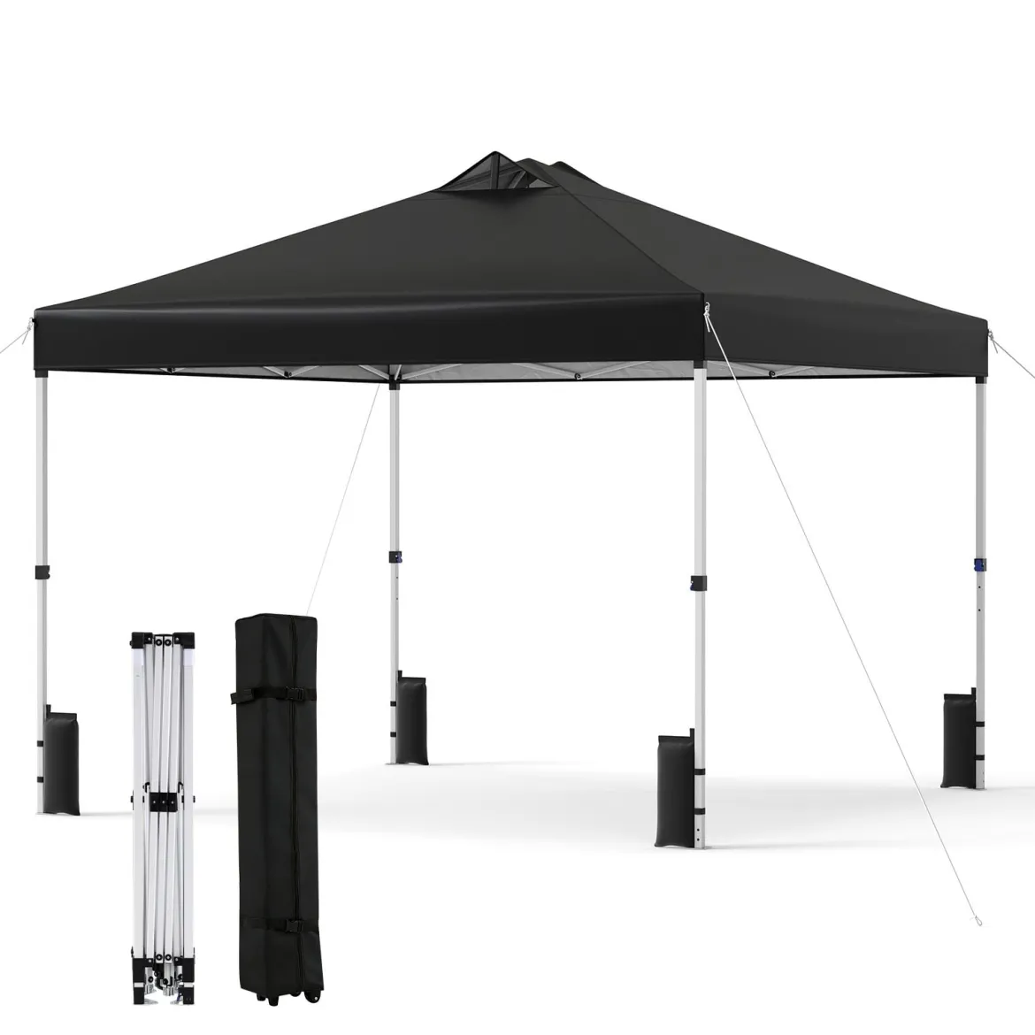 3 x 3 m Pop-Up Pavillon mit 4 Sandsäcken & Heringen & Seilen Faltpavillon Gartenpavillon Schwarz