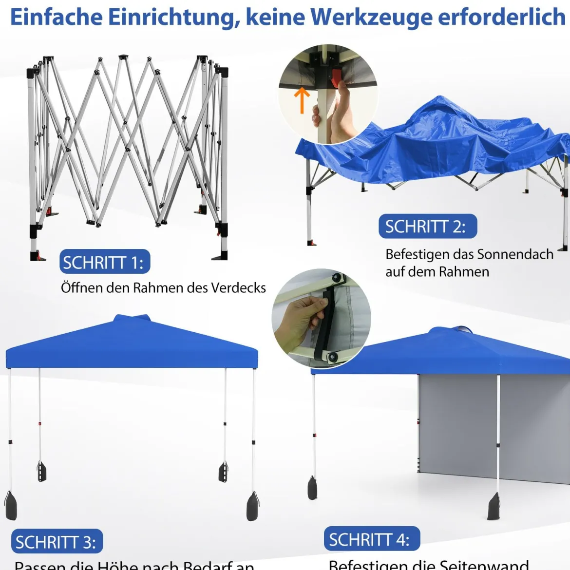 3 x 3 m Pop-up-Pavillon mit Seitenwand Tragbarer Gartenpavillon inkl. Schattenspender mit Rolltasche Blau