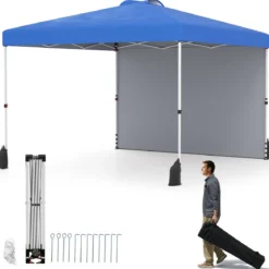 3 x 3 m Pop-up-Pavillon mit Seitenwand Tragbarer Gartenpavillon inkl. Schattenspender mit Rolltasche Blau