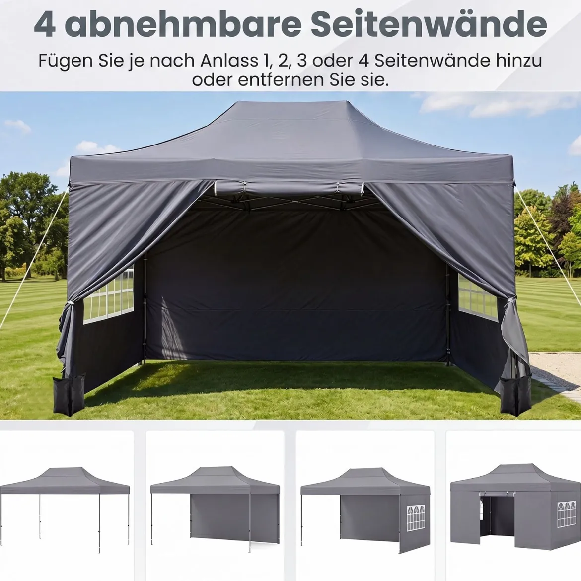 3 x 4,5 m Pop-up-Pavillon Wetterfester Faltpavillon mit 4 Seitenwänden Metallrahmen & Sandsäcken Weiß/Grau