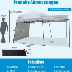 3 x 3 m Sofortiges Pop-up-Canopy-Zelt mit Markisen Outdoor-Sonnenschutz Grau