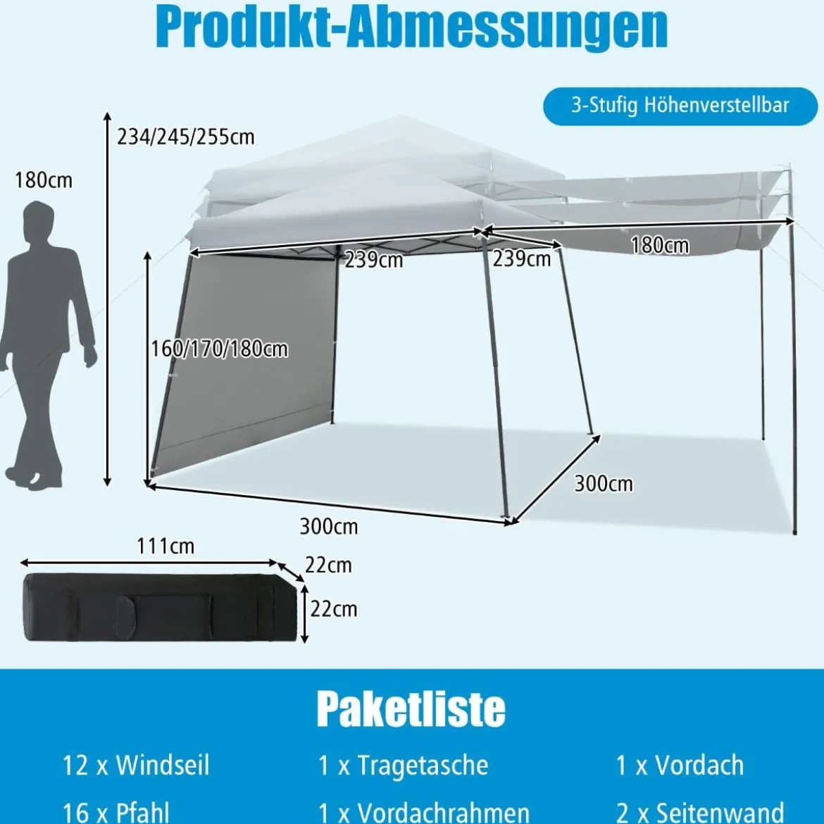 3 x 3 m Sofortiges Pop-up-Canopy-Zelt mit Markisen Outdoor-Sonnenschutz Grau