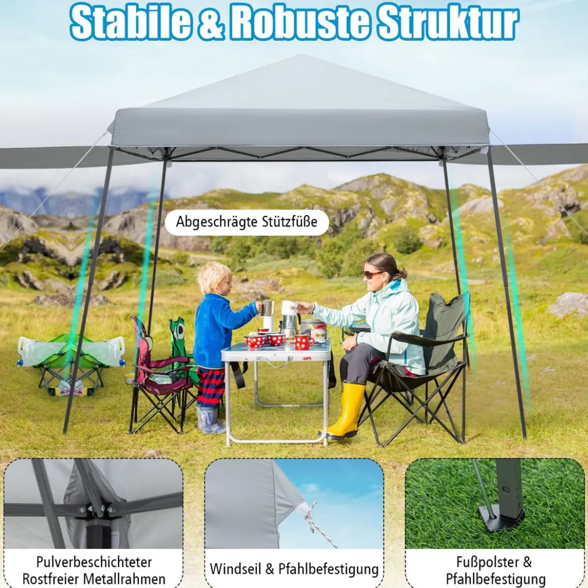 3 x 3 m Sofortiges Pop-up-Canopy-Zelt mit Markisen Outdoor-Sonnenschutz Grau