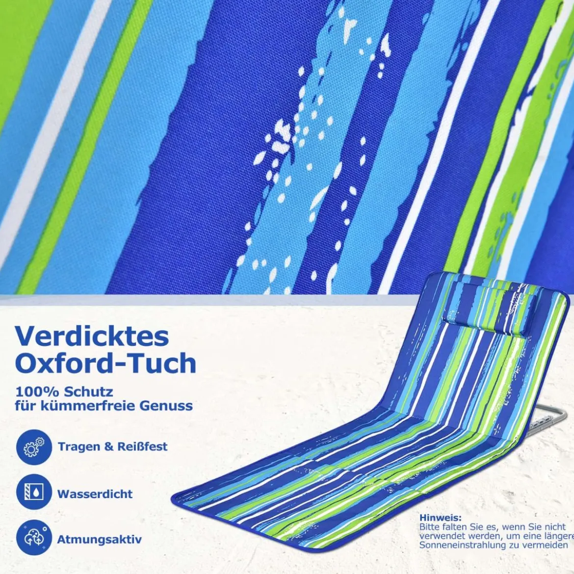 2 x Strandmatte mit Beistelltisch Verstellbares Liegestuhlset 151 x 55,5 x 27-47 Blau + Grün