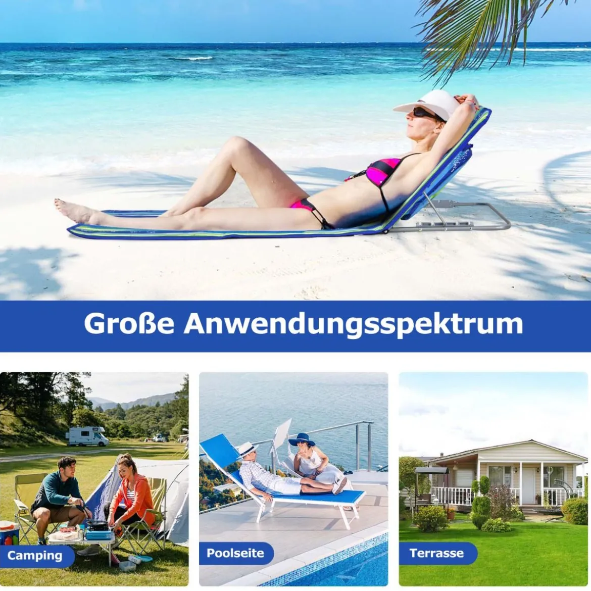 2 x Strandmatte mit Beistelltisch Verstellbares Liegestuhlset 151 x 55,5 x 27-47 Blau + Grün