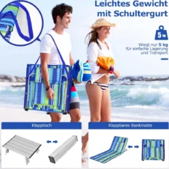 2 x Strandmatte mit Beistelltisch Verstellbares Liegestuhlset 151 x 55,5 x 27-47 Blau + Grün