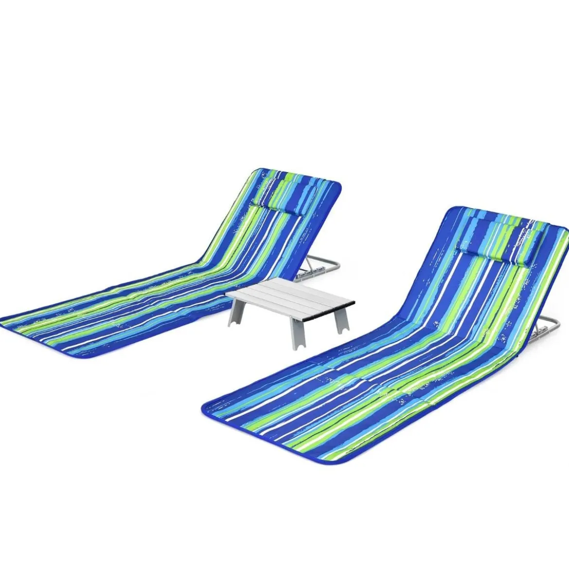 2 x Strandmatte mit Beistelltisch Verstellbares Liegestuhlset 151 x 55,5 x 27-47 Blau + Grün
