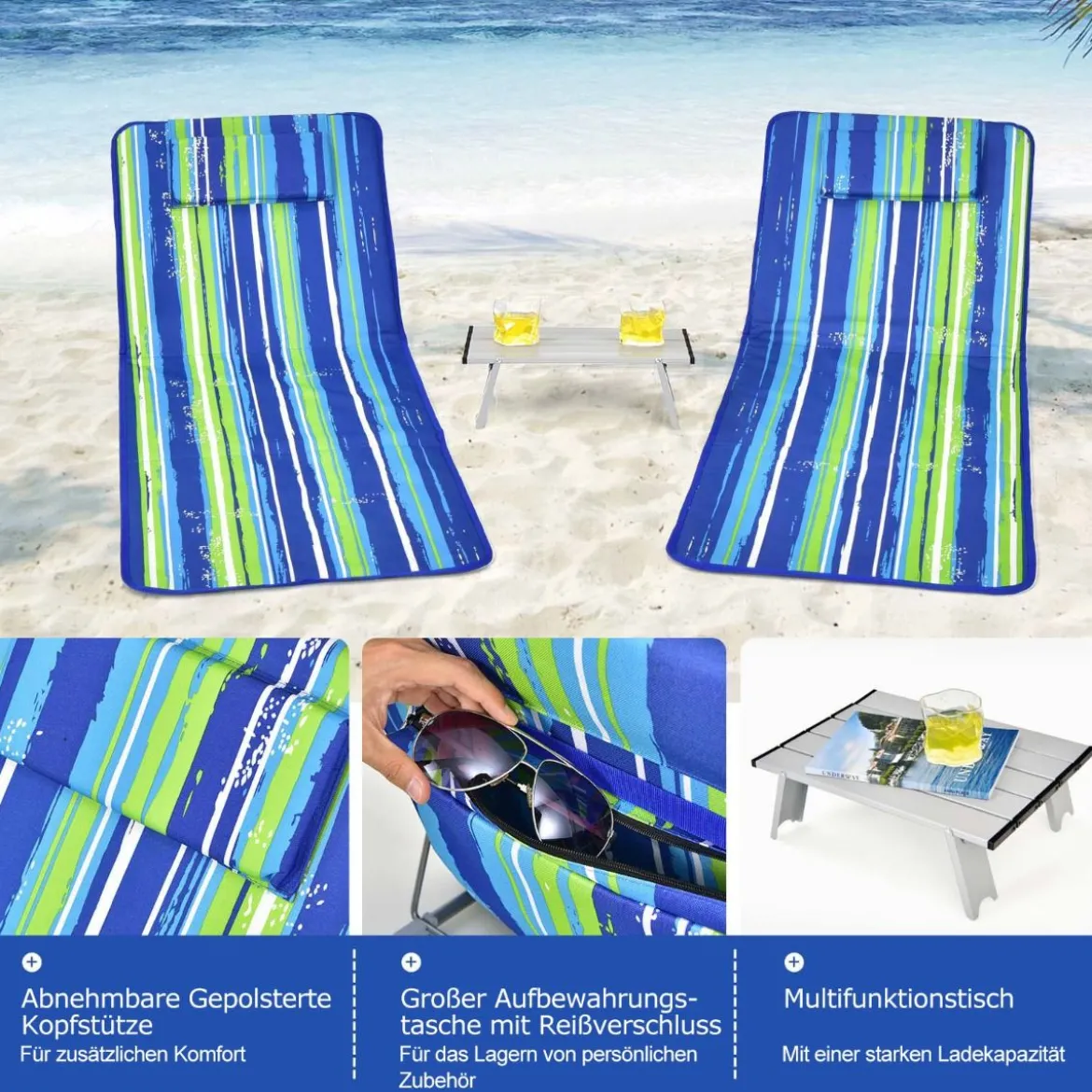 2 x Strandmatte mit Beistelltisch Verstellbares Liegestuhlset 151 x 55,5 x 27-47 Blau + Grün