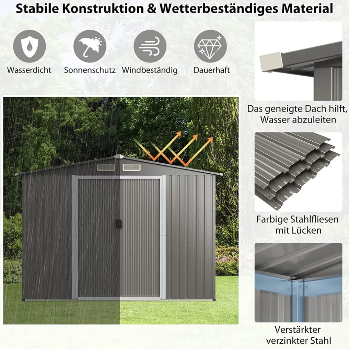 260x207x180cm Großer Geräteschuppen mit Fundament & Doppeltüren & Rampe Hellgrau