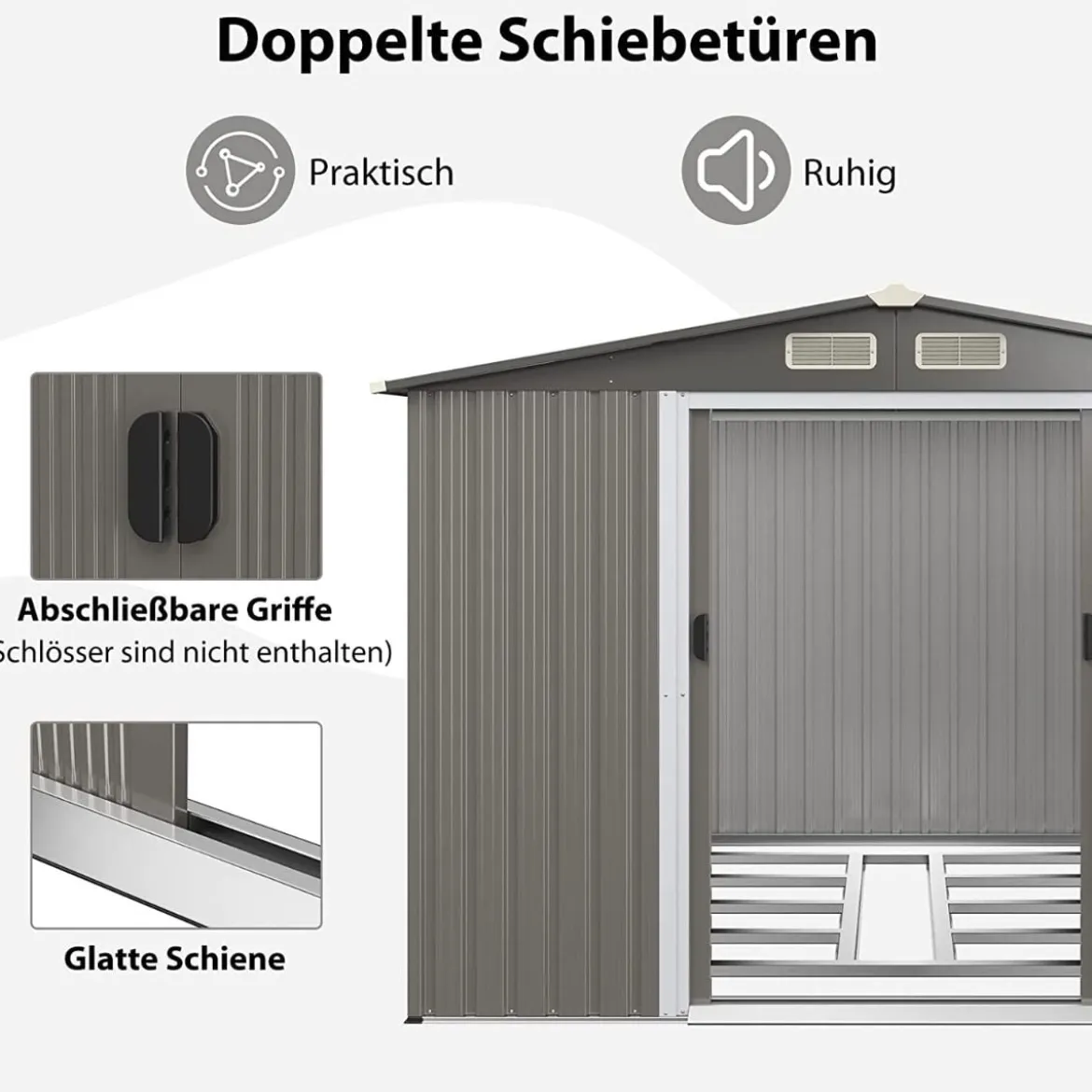 260x207x180cm Großer Geräteschuppen mit Fundament & Doppeltüren & Rampe Hellgrau