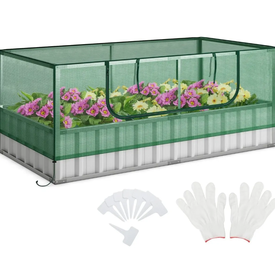 174 x 90 x 70 cm großes verzinktes Hochbeet mit Gewächshausabdeckung Grün und Silber
