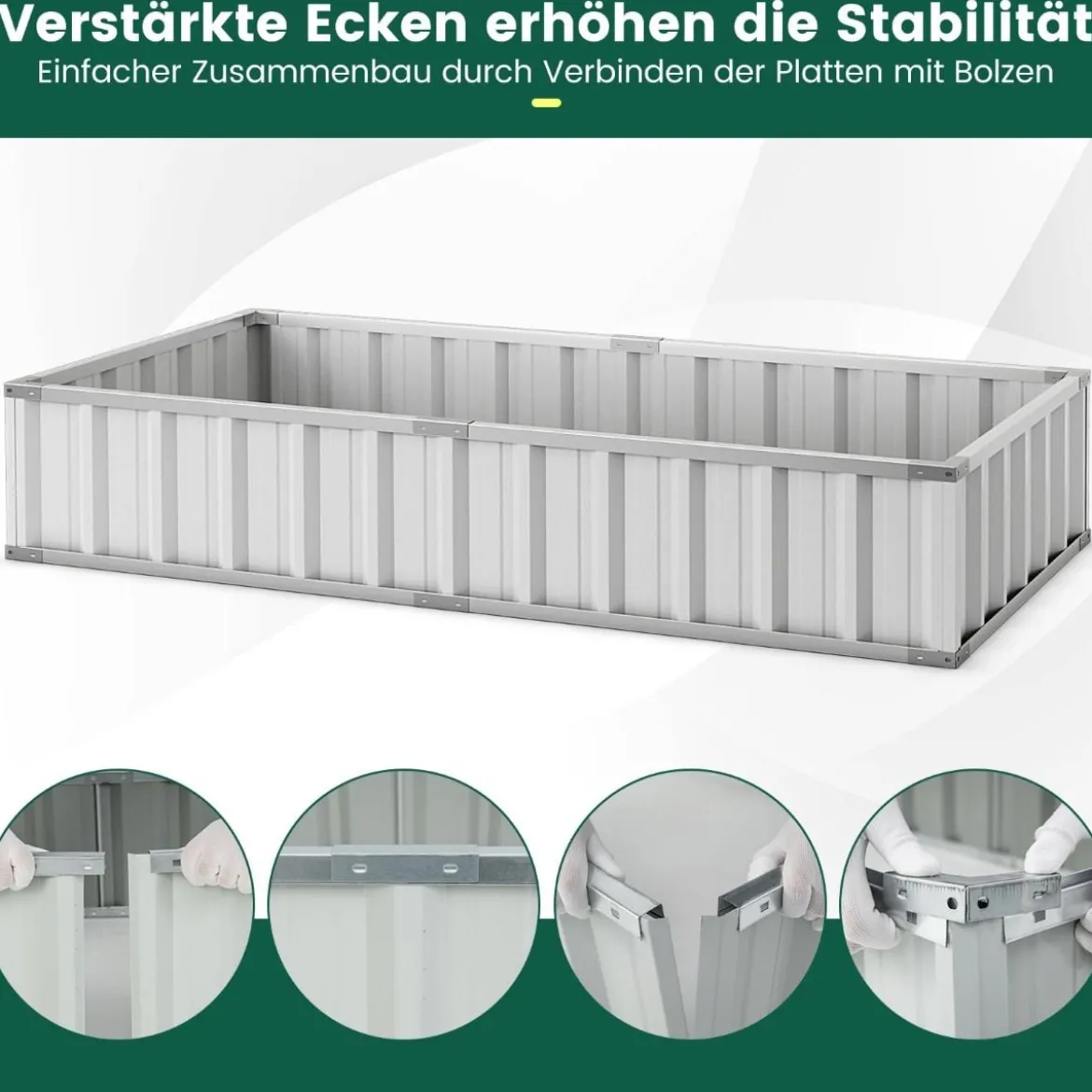 174 x 90 x 70 cm großes verzinktes Hochbeet mit Gewächshausabdeckung Grün und Silber