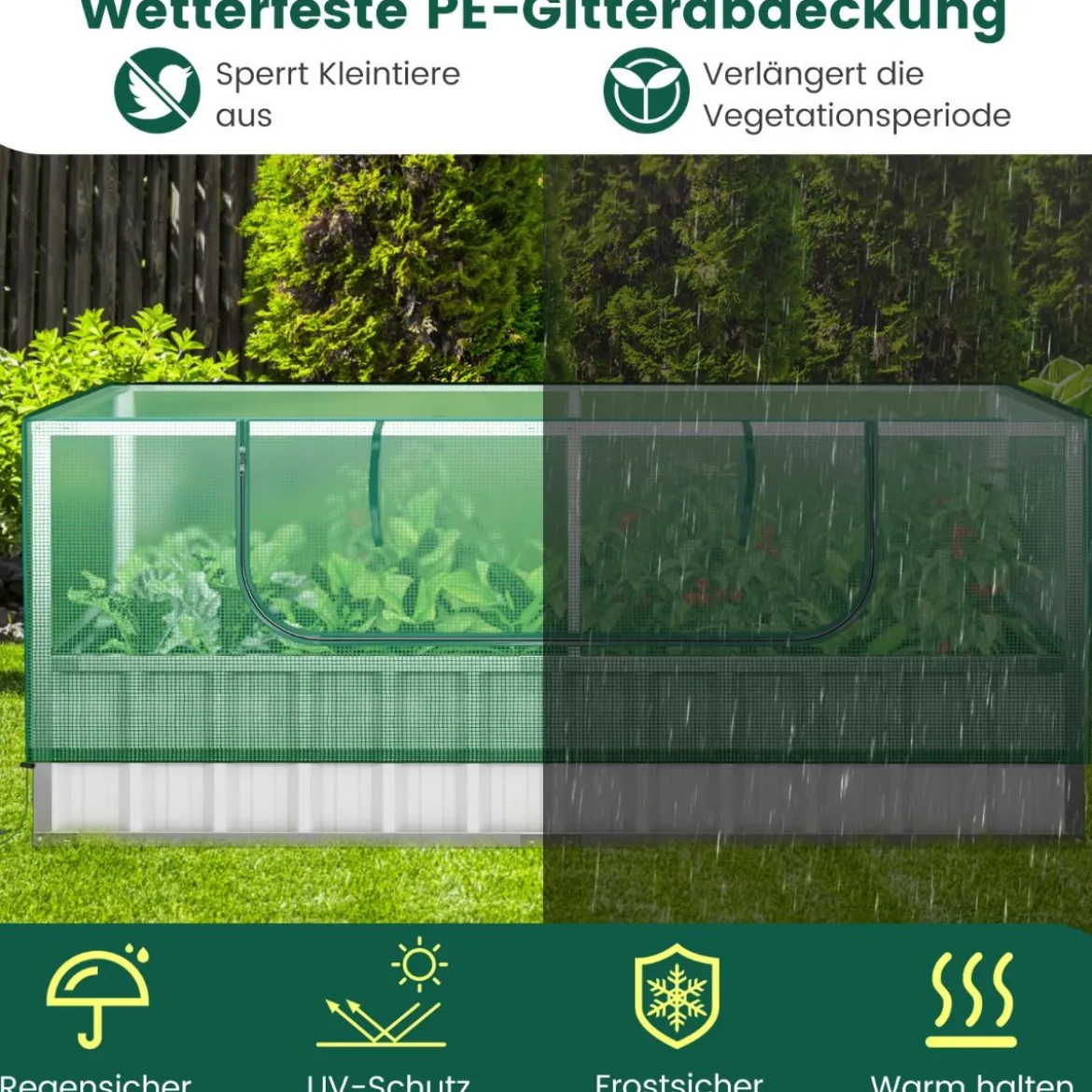 174 x 90 x 70 cm großes verzinktes Hochbeet mit Gewächshausabdeckung Grün und Silber