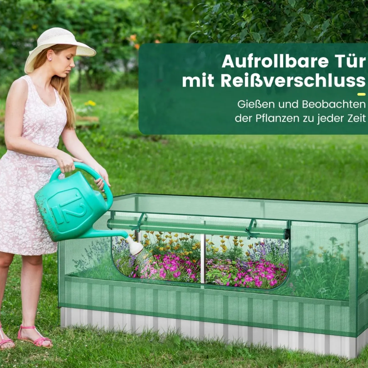 174 x 90 x 70 cm großes verzinktes Hochbeet mit Gewächshausabdeckung Grün und Silber
